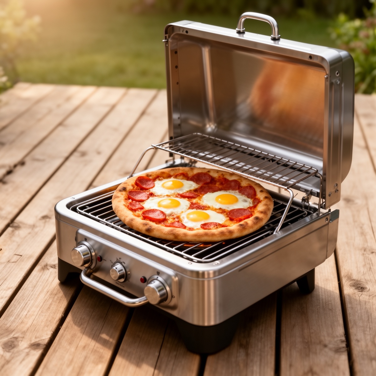 Cuisinart 3-in-1 BBQ, Grill and Pizza Oven on wooden decking with eggs and vegetables cooking